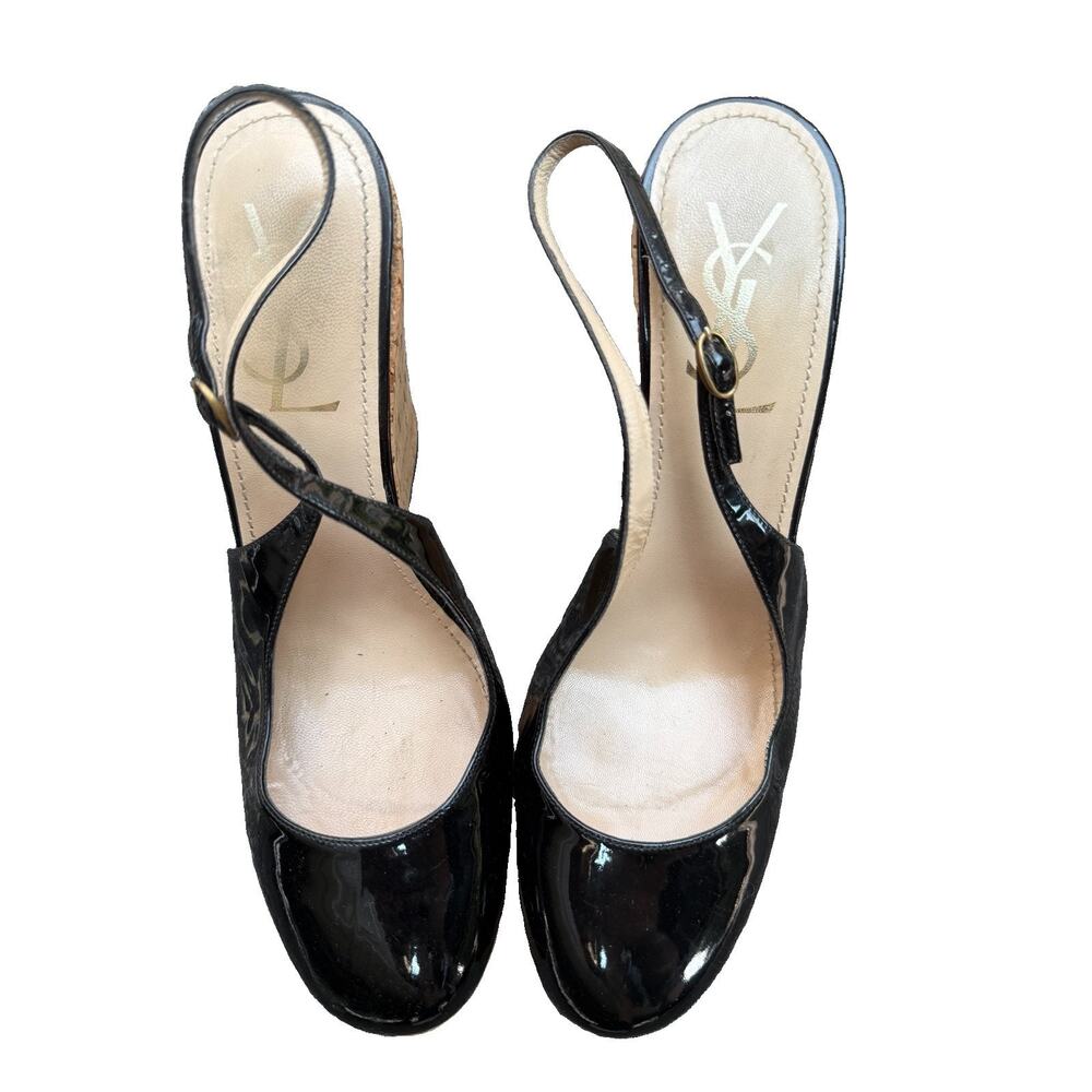 Yves Saint Laurent YSL Rive Gauche Cork Wedge Sandals Black Patent EU 39 US 8.5 - Picture 3 of 10